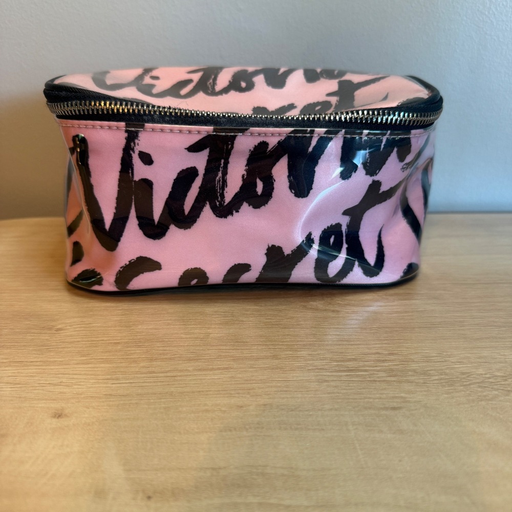 Victoria's Secret Pink Black Script Logo Makeup Bag Train Case Polka Dot Lining